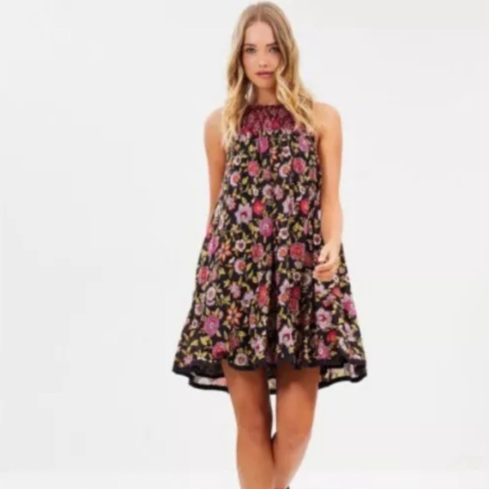 Free People Oh Baby Floral Print Minidress Black Pink Smocked Size M